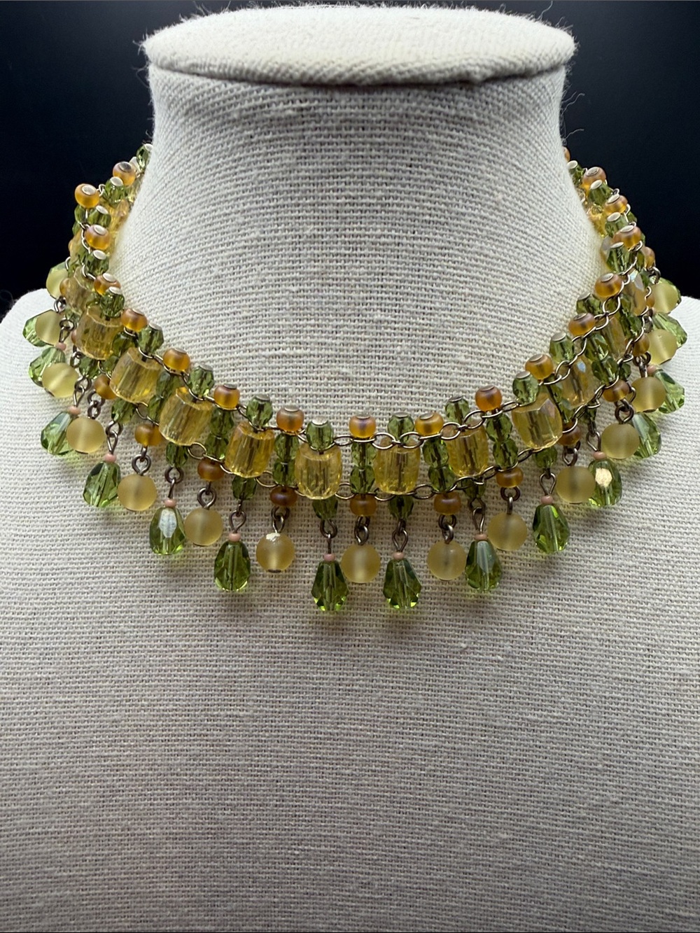 Vintage Olive Green Cascading Fringe Beaded Choker Necklace